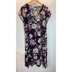 J Jill Vista Midi Dress‎ Sz L purple Floral Short Sleeve Pockets beach casual